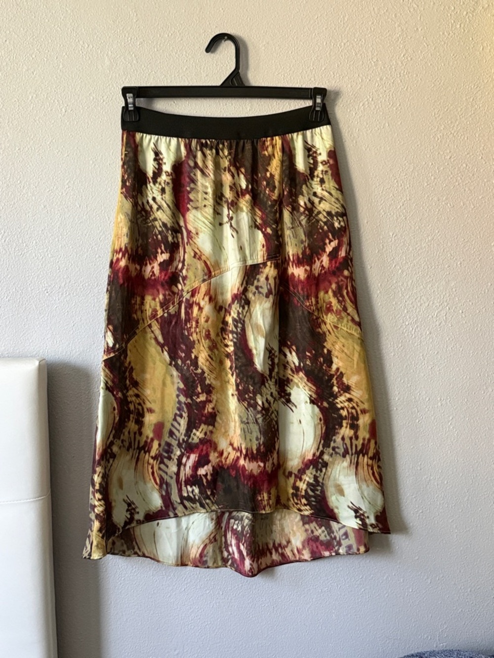Abstract Print Midi Skirt in Burgundy and Olive